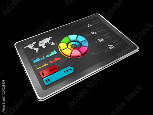3D Illustration of Creative colorful pie chart on the tablet, business concept, isolated black