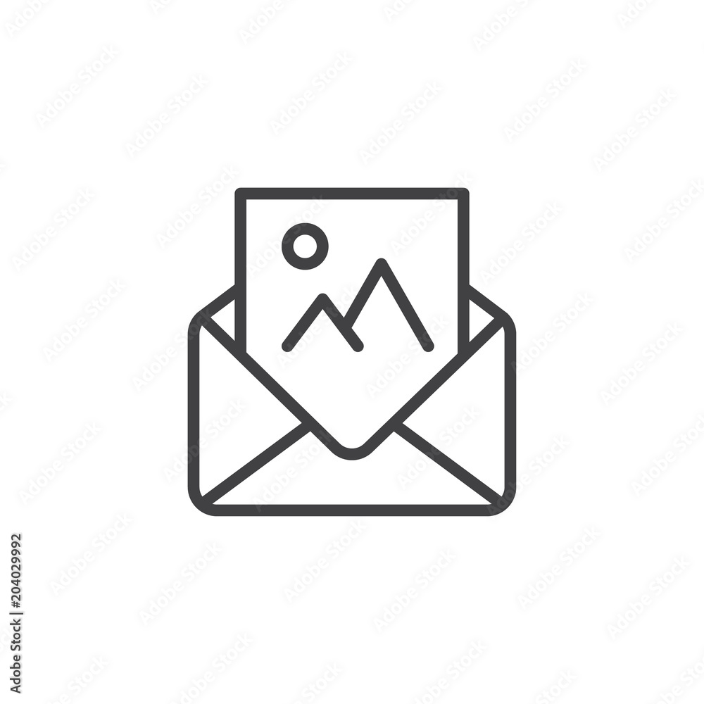 Open envelope with photography letter outline icon. linear style sign for mobile concept and web design. Postcard message simple line vector icon. Symbol, logo illustration. Pixel perfect vector Open envelope with photography letter outline icon. linear style sign for mobile concept and web design. Postcard message simple line vector icon. Symbol, logo illustration. Pixel perfect vector