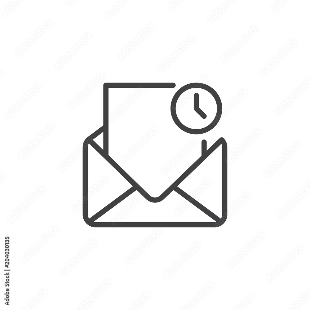 Envelope and countdown mail outline icon. linear style sign for mobile concept and web design. Open envelope with clock simple line vector icon. Symbol, logo illustration. Pixel perfect vector Envelope and countdown mail outline icon. linear style sign for mobile concept and web design. Open envelope with clock simple line vector icon. Symbol, logo illustration. Pixel perfect vector