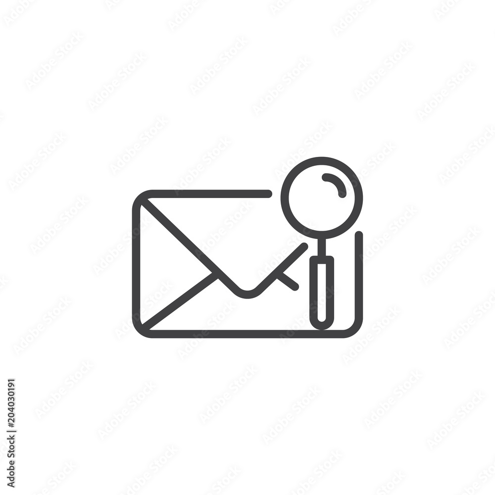 Search mail outline icon. linear style sign for mobile concept and web design. Envelope and magnifying glass simple line vector icon. Symbol, logo illustration. Pixel perfect vector graphics Search mail outline icon. linear style sign for mobile concept and web design. Envelope and magnifying glass simple line vector icon. Symbol, logo illustration. Pixel perfect vector graphics