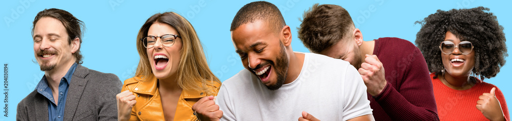 Obraz premium Group of mixed people, women and men happy and excited celebrating victory expressing big success, power, energy and positive emotions. Celebrates new job joyful