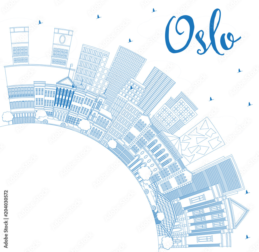 Outline Oslo Norway City Skyline with Blue Buildings and Copy Space.