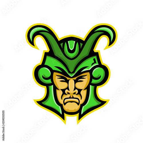 Mascot icon illustration of head of Loki, a god in Norse mythology, who is a  shape shifter viewed from  front on isolated background in retro style.