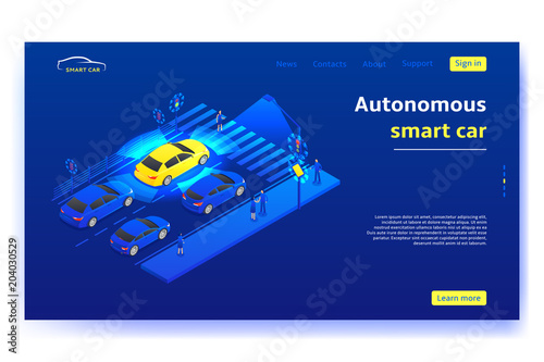 Autonomous smart car concept banner. Smart car stands in front of traffic light and scans road, signs, objects and crosswalk in the city. Vector illustration.