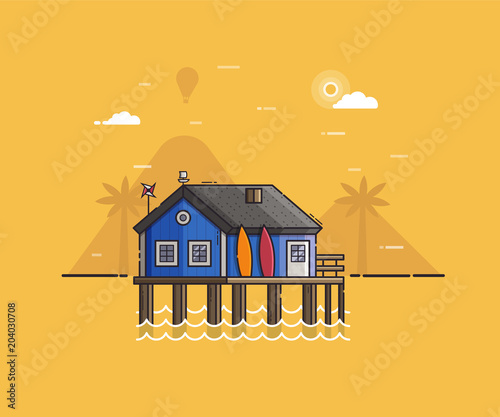 Sea side landscape with blue beach hut and surfboards. Summer bath house on seaside background in flat design. Summertime vacation or surfing travel concept vector illustration.