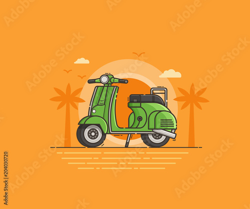 Green scooter on tropical beach seashore. Classic motor bike on sea side background. Summer holidays or sea vacation concept illustration for travel agency UI application.