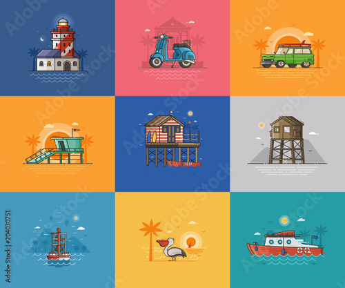 Abstract seaside coast landscapes. Beach resort town places and infrastructure spot illustrations for tourist travel agency UI applications. Summer sea vacation activities concept scenes and cards.
