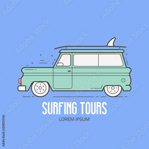 Surfing tour logotype. Surf van or car rental service logo in thin line design. Road auto travel icon.