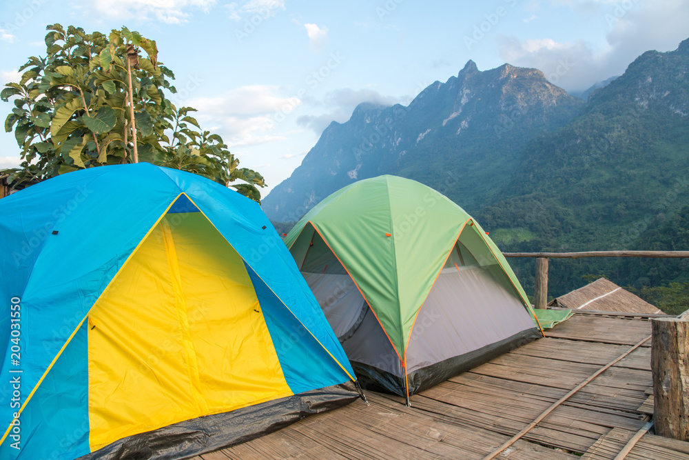 Tourist tent with the spectacular view of Doi Luang Chiang Dao the 3rd highest mountains (2,275 metres) in Thailand.