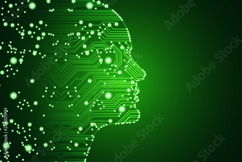 Big data and artificial intelligence concept. Machine learning and cyber mind domination concept in form of men face outline outline with circuit board and binary data flow on green background.