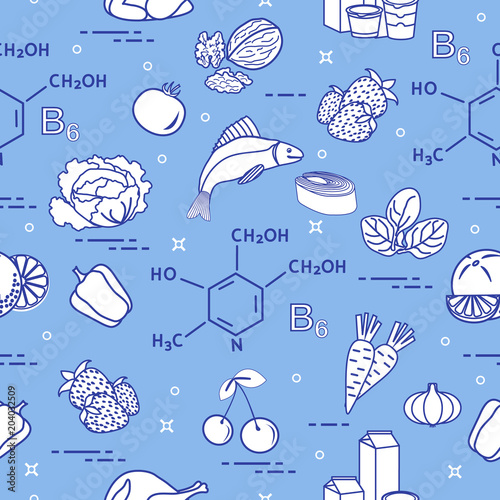 Seamless pattern with foods rich in vitamin B6.