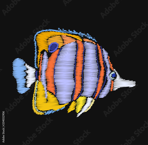 Colorful fish in embroidery stitches style on black background
