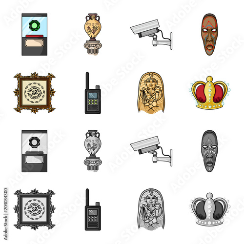 Picture, sarcophagus of the pharaoh, walkie-talkie, crown. Museum set collection icons in cartoon,monochrome style vector symbol stock illustration web.