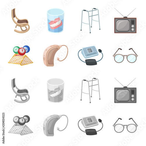 Lottery, hearing aid, tonometer, glasses.Old age set collection icons in cartoon,monochrome style vector symbol stock illustration web.