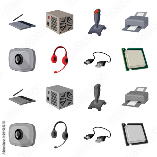 Webcam, headphones, USB cable, processor. Personal computer set collection icons in cartoon,monochrome style vector symbol stock illustration web.