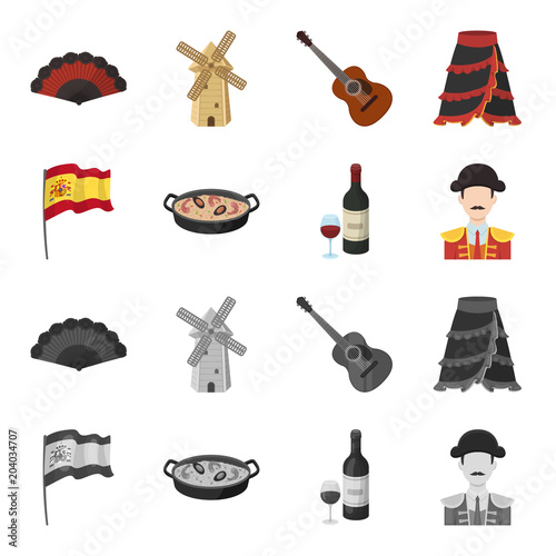 Flag with the coat of arms of Spain, a national dish with rice and tomatoes, a bottle of wine with a glass, a bullfighter, a matador. Spain country set collection icons in cartoon,monochrome style