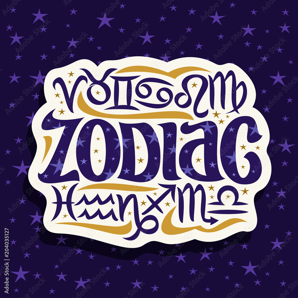 Vector logo for Zodiac Signs, cut paper label with 12 astrology symbols for predicting horoscope on blue background consisting of constellations with stars, original typeface for word zodiac.
