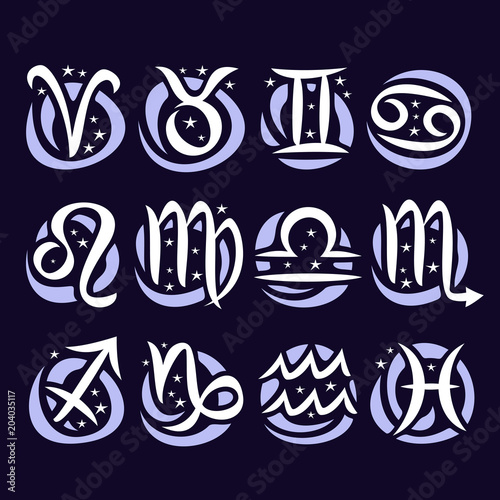 Vector set of Zodiac Signs, collection of 12 astrology calligraphic symbols with stars for predicting horoscope on blue background, original hand drawn brush for twelve circle white handdrawn tags.