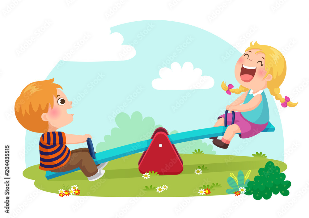 Cute kids having fun on seesaw at playground Stock Vector Adobe