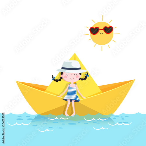 Cute girl relaxing in a paper boat. Summer vacation concept
