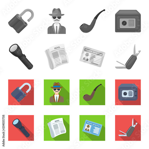Flashlight, newspaper with news, certificate, folding knife.Detective set collection icons in monochrome,flat style vector symbol stock illustration web.