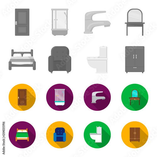 A bed, an armchair, a toilet, a wardrobe.FurnitureFurniture set collection icons in monochrome,flat style vector symbol stock illustration web.