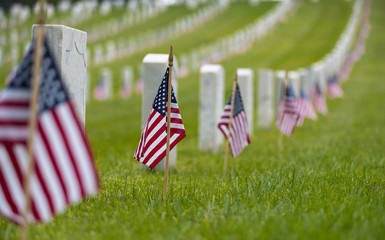 Small American flags and headstones at National cemetary- Memorial Day display