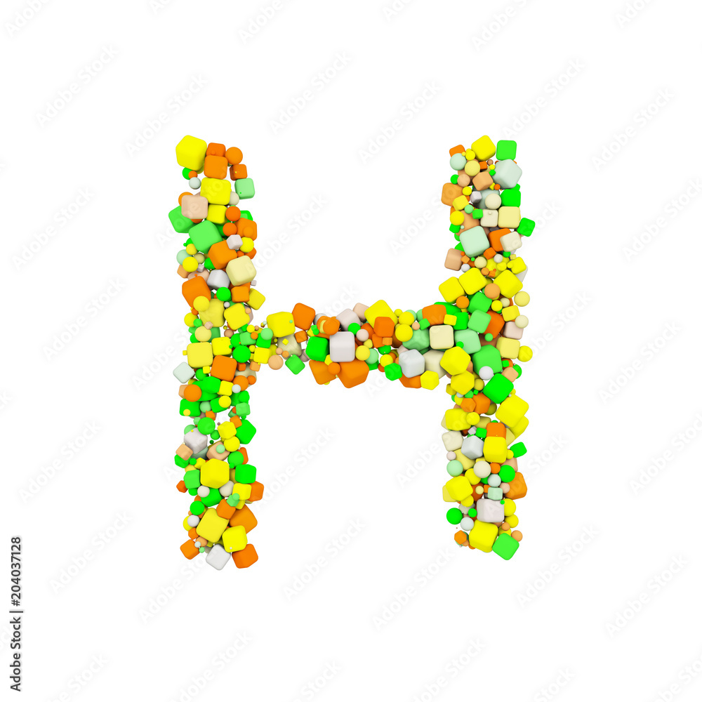 Alphabet letter H uppercase. Funny font made of orange, green and yellow shape cube. 3D render isolated on white background.