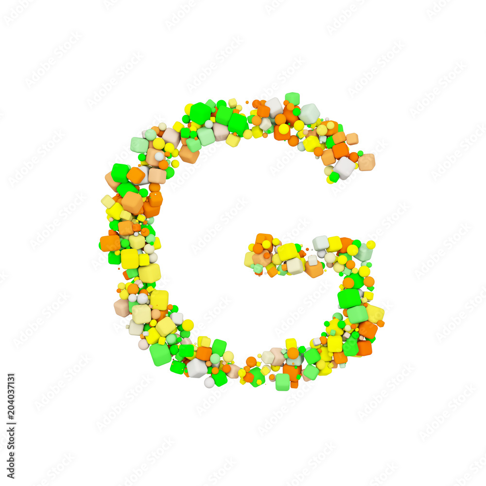 Alphabet letter G uppercase. Funny font made of orange, green and yellow shape cube. 3D render isolated on white background.