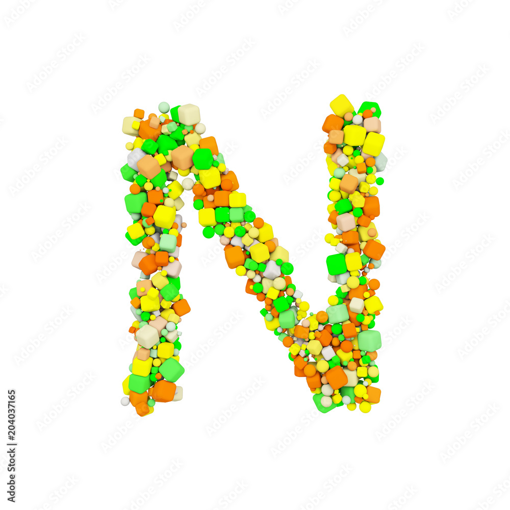 Alphabet letter N uppercase. Funny font made of orange, green and yellow shape cube. 3D render isolated on white background.