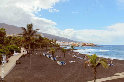 Playa Jardin  Puerto de la Cruz, in the north of Tenerife, Canary Islands, Spain.  Jardin beach with black sands is one of the most famous beaches in Tenerife Island. © vasanty