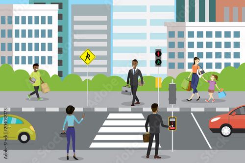 different people walk and stand,cars on road