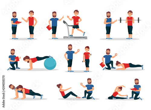 Flat vector set of people in gym with personal trainer. Men and women doing various exercises. Physical activity and healthy lifestyle