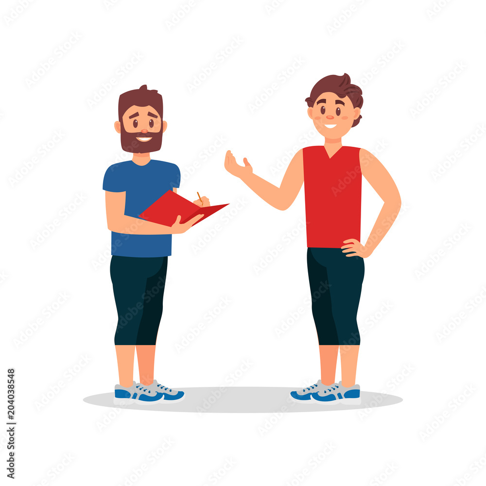 Man talking with personal coach in gym. Fitness instructor writing training plan for young guy. Flat vector illustration Man talking with personal coach in gym. Fitness instructor writing training plan for young guy. Flat vector illustration