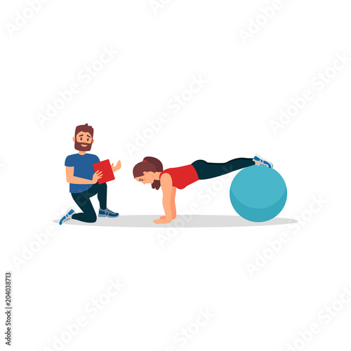 Young girl doing plank exercise using fitness ball. Woman training in gym under control of personal trainer. Flat vector design
