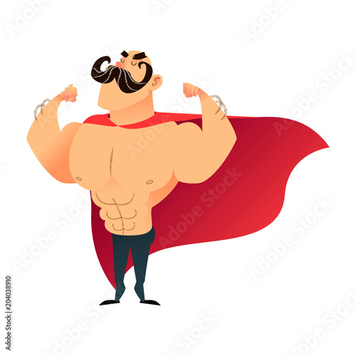 Strong cartoon funny superhero. Power super hero man with cape. Flat vector athlete character. Muscular brutal athletic guy with mustache. Strongman proudly shows his muscles in strong arms