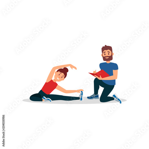 Woman doing exercise sitting on floor. Coach writing notes in folder. Young girl warming-up before training. Flat vector design