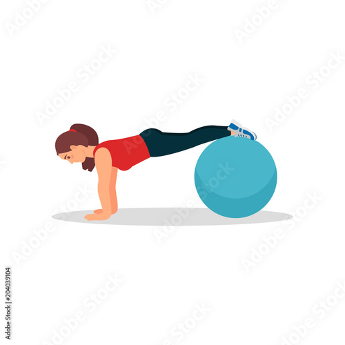 Young athlete woman doing plank exercise using fitness ball. Physical activity and healthy lifestyle. Flat vector design