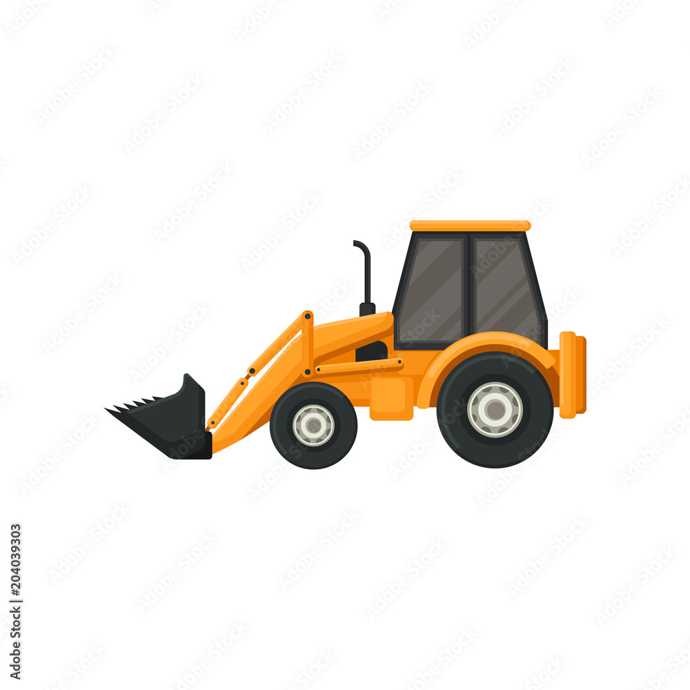 Fototapeta premium Yellow tractor with bucket. Front-end loader. Heavy machine used in construction works. Flat vector design