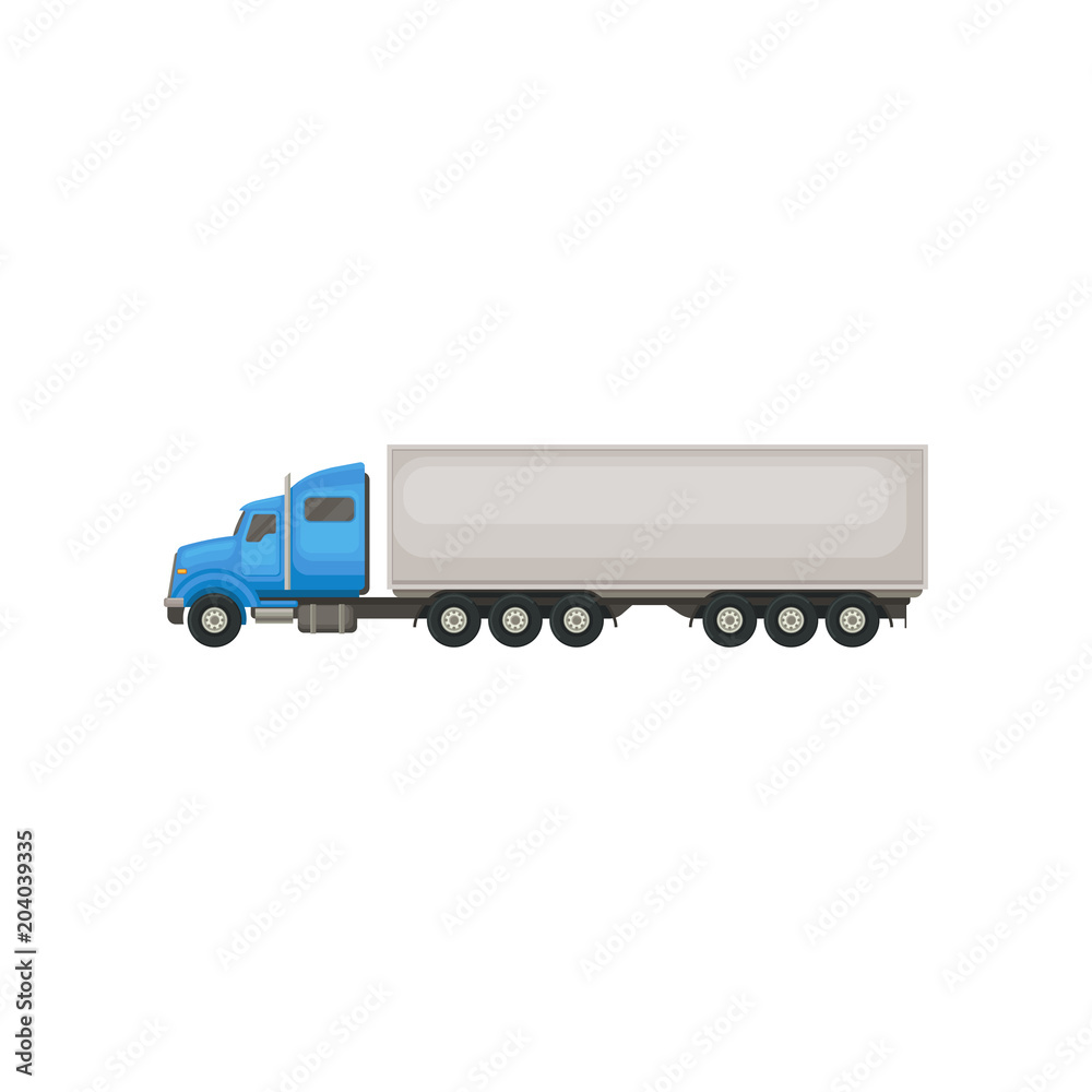 Semi truck with blue cab and long gray trailer. Vehicle for transportation cargo. Flat vector element for promo poster of delivery company