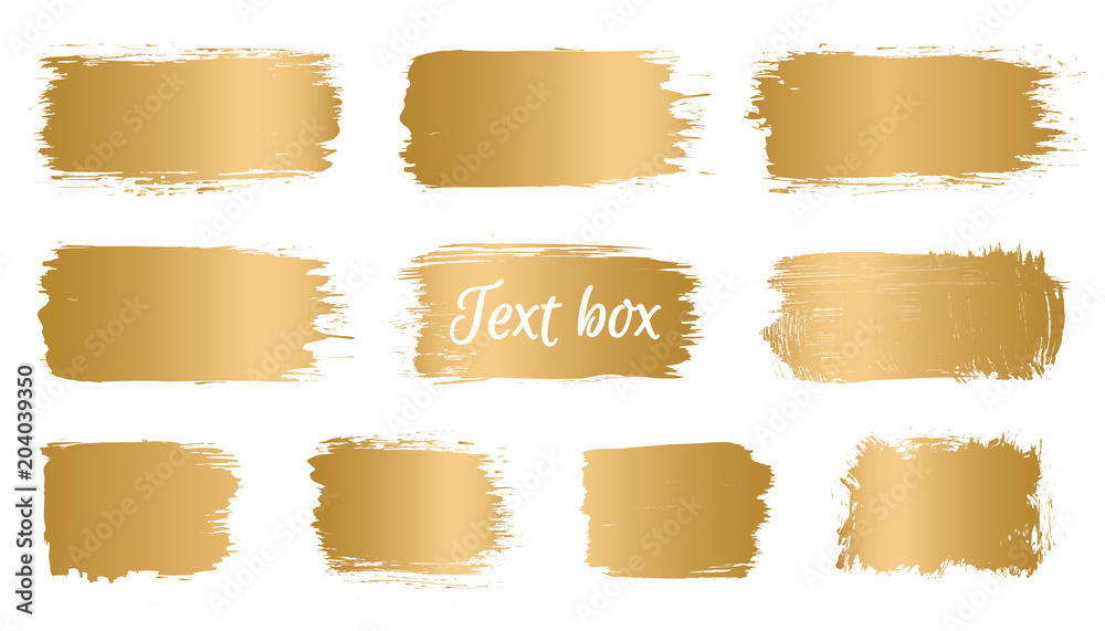 Vector golden brush stroke, banner, paint brush, line or texture. Dirty artistic design element, box, frame or background for text and information. 