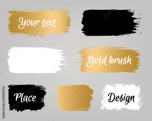Golden, gold, white and black paint brush banner set with sample text. Vector golden brush stroke, paint brush, line or texture, dirty grunge artistic design element, box, frame or background for text