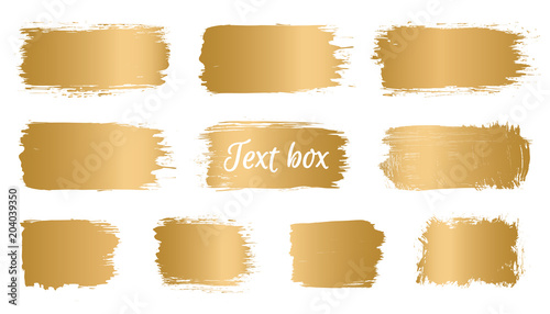 Vector golden brush stroke, banner, paint brush, line or texture. Dirty artistic design element, box, frame or background for text and information. 