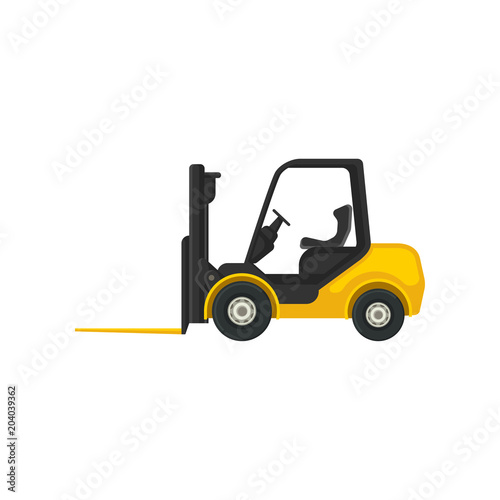 Yellow forklift truck with fork in front. Industrial vehicle using in warehouses for lifting and carrying heavy loads. Flat vector icon
