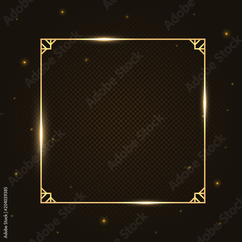 Gold fashion light sparkling square border, frame, banner with golden bokeh isolated on dark background. Vector banner for information, text.