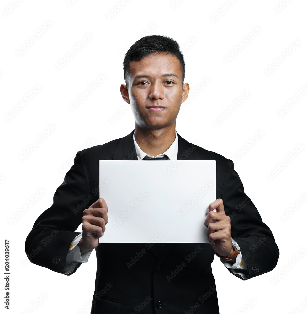 Young Asian Businessman Holding White Paper Room For Text Isolated White Background Young Asian Businessman Holding White Paper Room For Text Isolated White Background