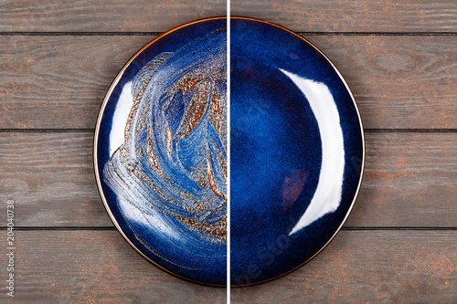 Blue plate on brown wooden table