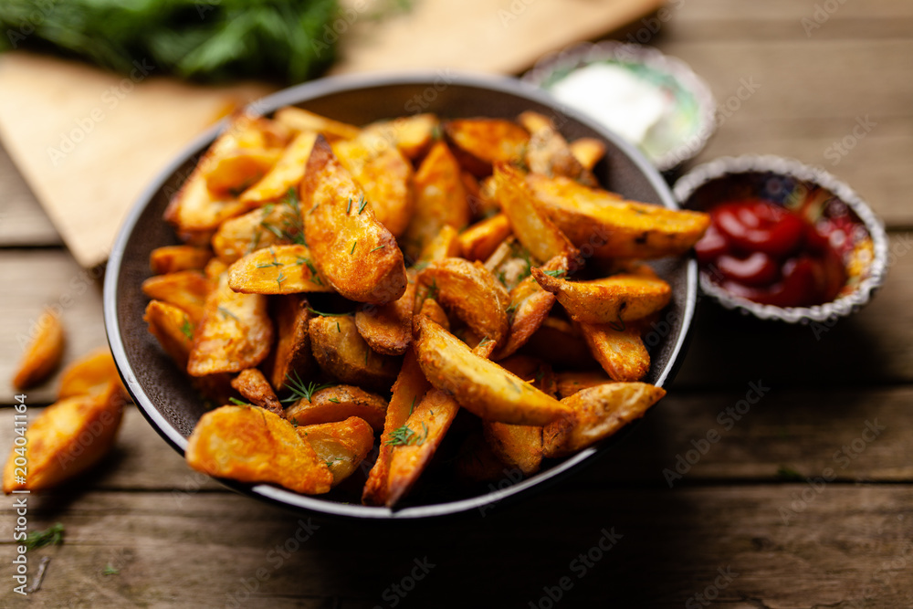 Baked potato fries on wooden table Baked potato fries on wooden table