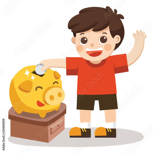 A Little Boy happy to saving money in piggy bank. Isolated vector