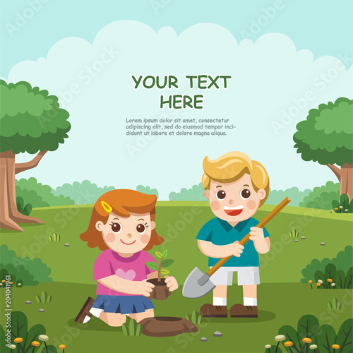 Cute kids volunteers planted young tree. For Save The Earth. Template for advertising brochure.
